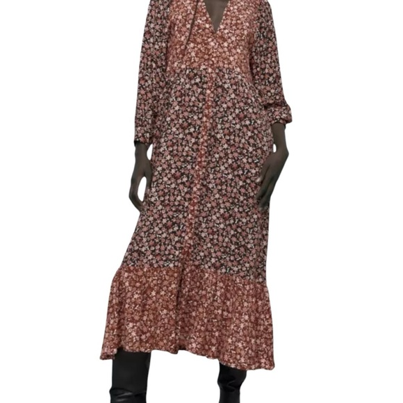 Zara Floral Printed Midi Mixed Pattern Balloon Sleeve Shirt Dress - Picture 4 of 16